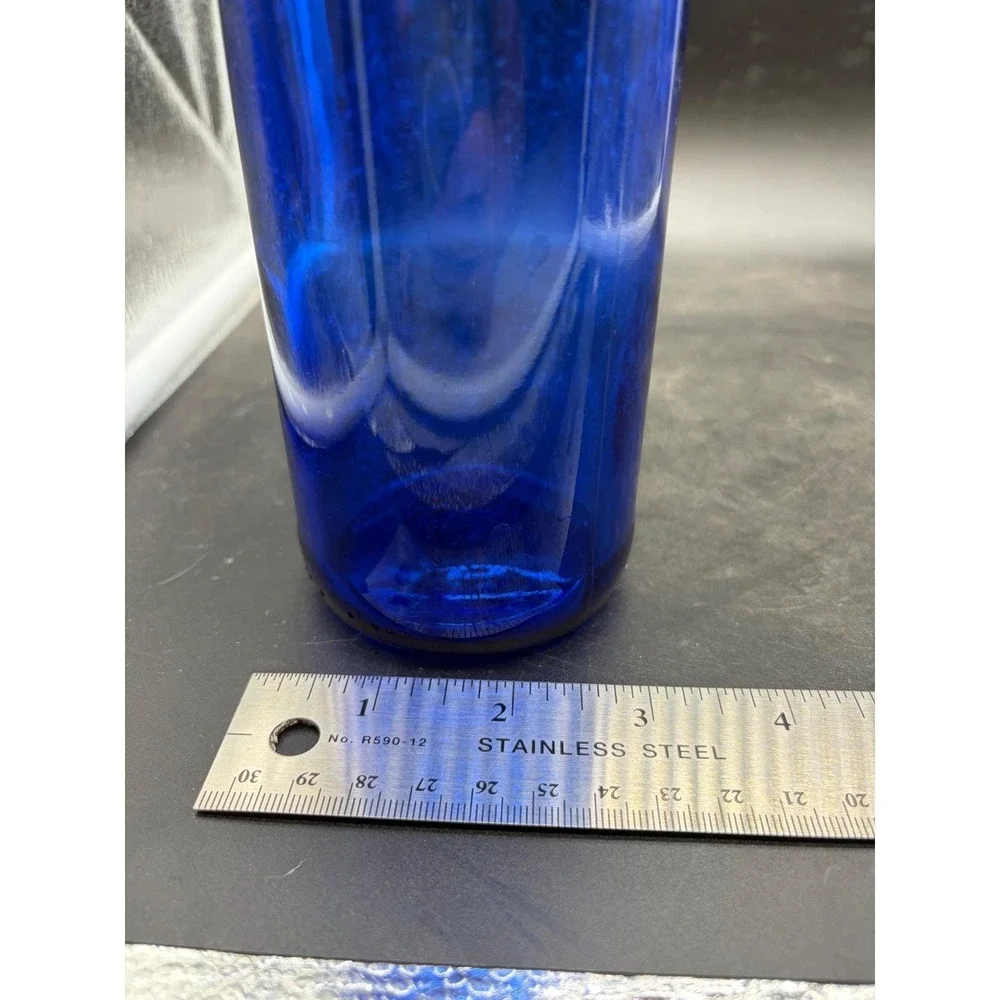 Vintage Cobalt Blue Glass Wine Bottle Tall Ribbed Decorative Vase 13.5 Inch